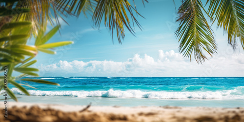 Tropical beach panorama view, coastline with, summer time, Tropical seascape with Palm trees, turquoise sea or ocean under sky with white clouds. Background of summer beach, white sand coastline.