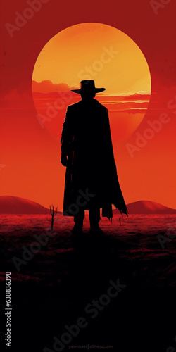 Fotografering A cowboy in the background of a Texas, Classic retro western movie poster with a