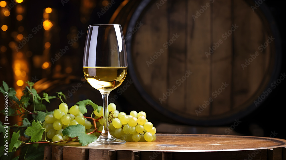 The glass of white wine with grape and old wooden barrel on rural background