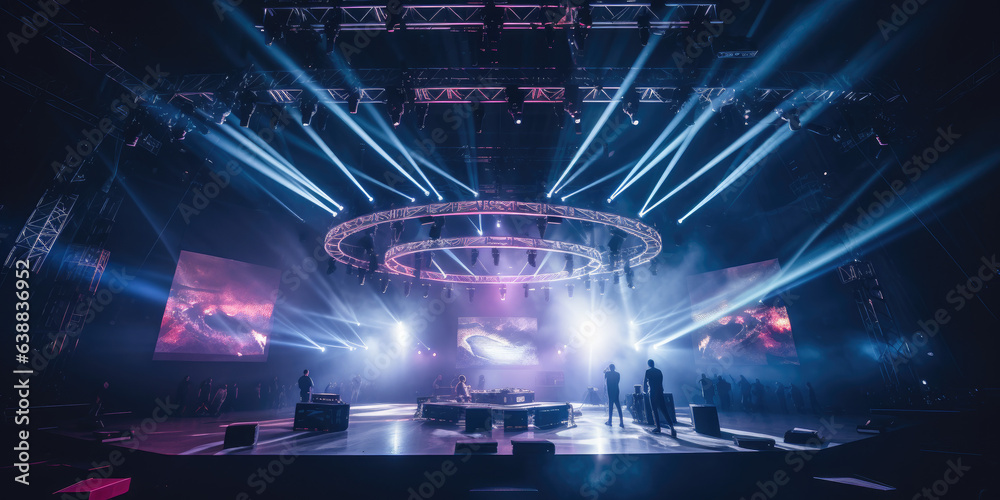 Live stage production with a circular light truss, in a center stage