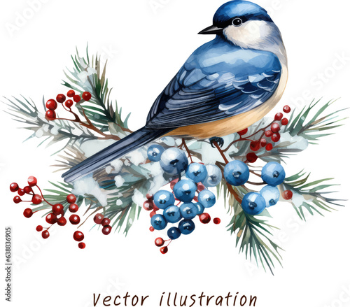 Foto winter blue bird on a branch watercolor vector illustration