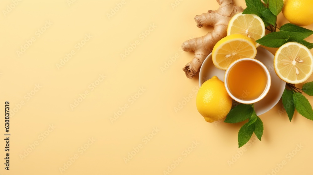 An herbal tea with ginger.Cup of ginger tea with lemon, honey and mint on beige background. Concept alternative medicine, natural homemade remedy for cold and flu. Top view. Free space for your text An herbal tea with ginger.Cup of ginger tea with lemon, honey and mint on beige background. Concept alternative medicine, natural homemade remedy for cold and flu. Top view. Free space for your text