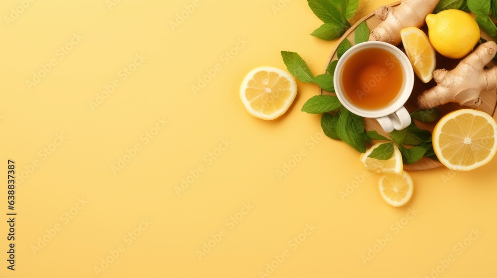 An herbal tea with ginger.Cup of ginger tea with lemon, honey and mint on beige background. Concept alternative medicine, natural homemade remedy for cold and flu. Top view. Free space for your text An herbal tea with ginger.Cup of ginger tea with lemon, honey and mint on beige background. Concept alternative medicine, natural homemade remedy for cold and flu. Top view. Free space for your text