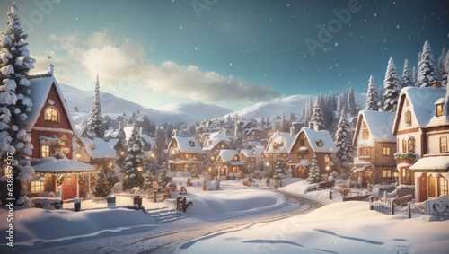 Christmas village with Snow in vintage style Winter vacation