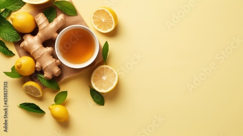 An herbal tea with ginger.Cup of ginger tea with lemon  honey and mint on beige background. Concept alternative medicine  natural homemade remedy for cold and flu. Top view. Free space for your text