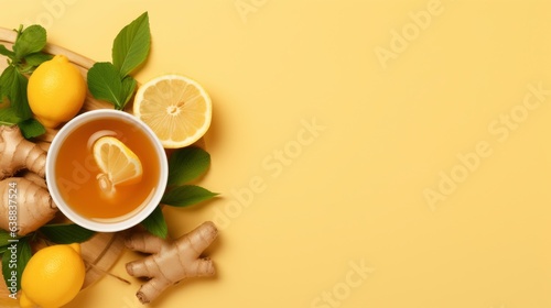 An herbal tea with ginger.Cup of ginger tea with lemon, honey and mint on beige background. Concept alternative medicine, natural homemade remedy for cold and flu. Top view. Free space for your text