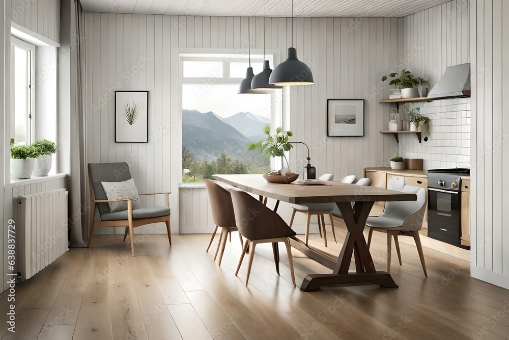 Fototapeta premium Scandinavian farmhouse interior, wall mockup. Generative AI