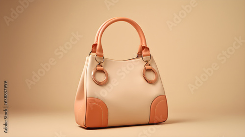 Women bag isolated on beige background. Front view of genuine full grain leather lady shopping bag. Womens top handle shopper