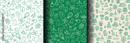 Environmental protection concept. Ecology. Linear icons style illustration seamless border doodle drawing. A set of patterns on a green and white background.