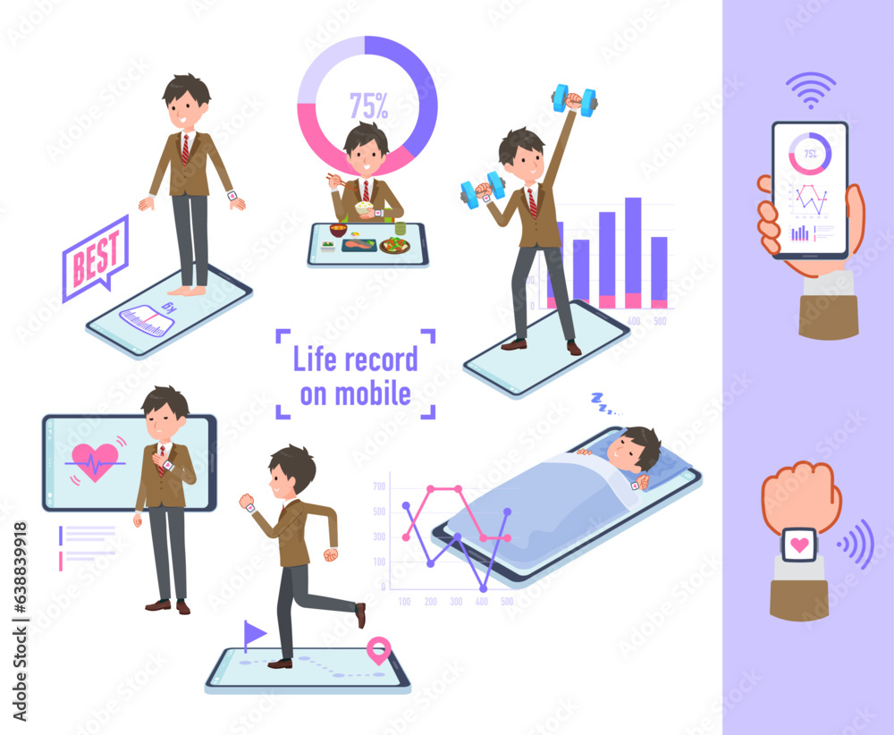 スマートフォンで行動と健康を管理しているブレザー男子学生のセット スマートフォンで行動と健康を管理しているブレザー男子学生のセット