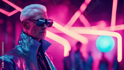 A high-fashion photo featuring an old male model in neon outfit avant-garde futuristic design. Blurred cyberpunk city as a background.