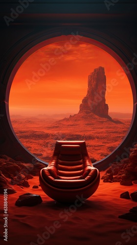 Throne of Ruler on Red Planet with Panoramic Window View