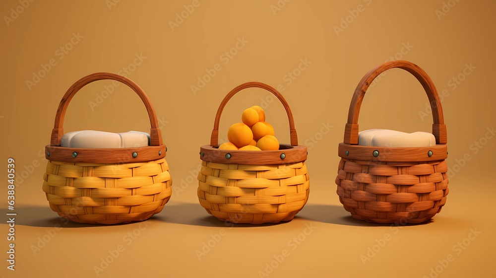Wicker baskets, grocery wood Picnic baskets for lunch or dinner.Character Design Concept Art Book Illustration Video Game Digital Painting. CG Artwork Background. Generative AI.
