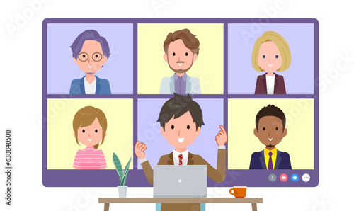 複数人でオンライン会議をしているブレザー男子学生のセット。正面アングル