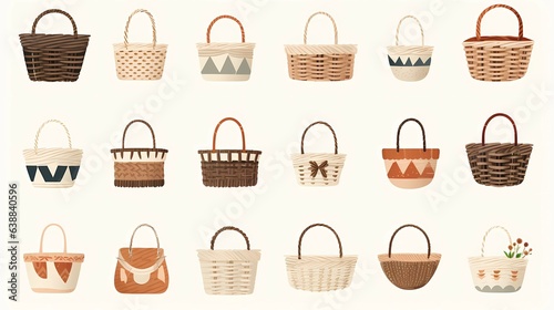 Wicker baskets, grocery wood Picnic baskets for lunch or dinner.Character Design Concept Art Book Illustration Video Game Digital Painting. CG Artwork Background. Generative AI. 