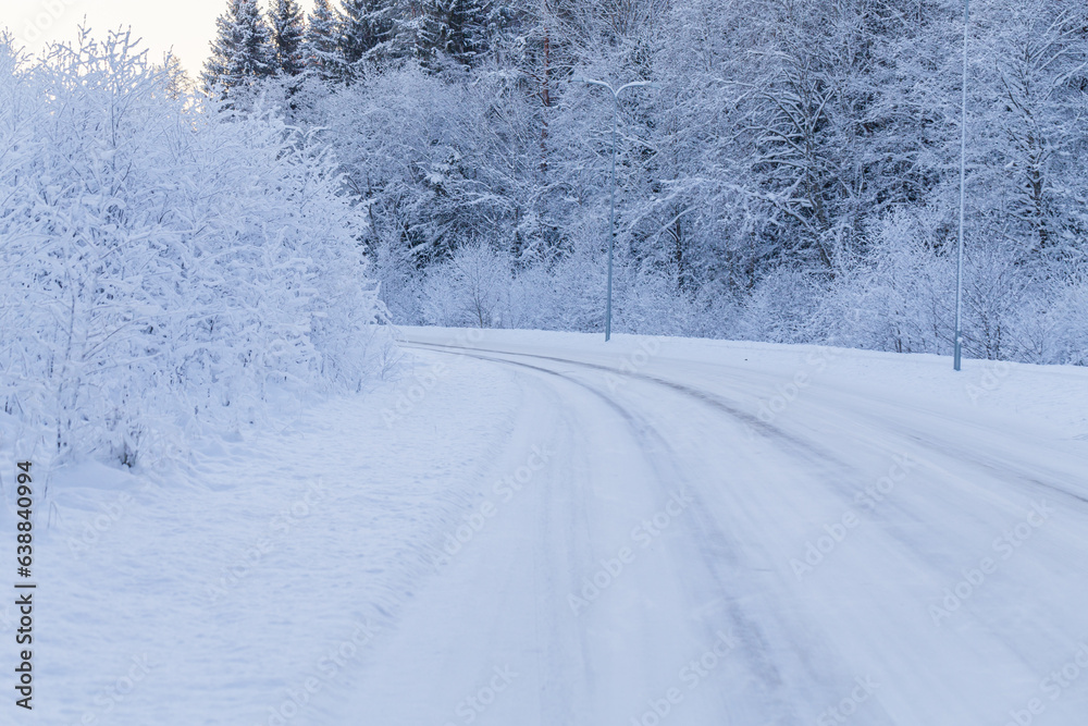 Winter evening forest with road covered with snow Winter evening forest with road covered with snow