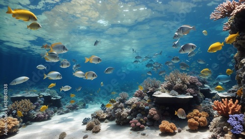 The ocean full of fishes underwater,clear crystal water with blue coral reefs