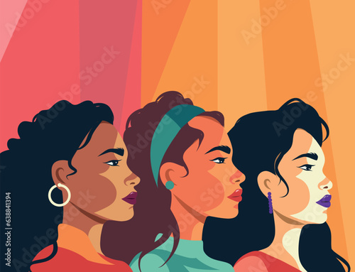 Vector flat banner for International Women's Day. A group of beautiful women of different beauty, hair and skin colors. Vector concept of movement for gender equality and empowerment of women
