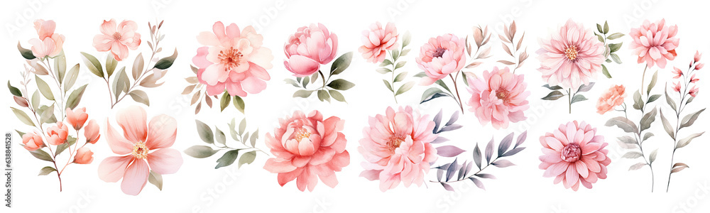 Watercolor blush floral clipart , Watercolor collection of hand drawn flowers , Botanical plant illustration transparent background, PNG ,Generative AI	
