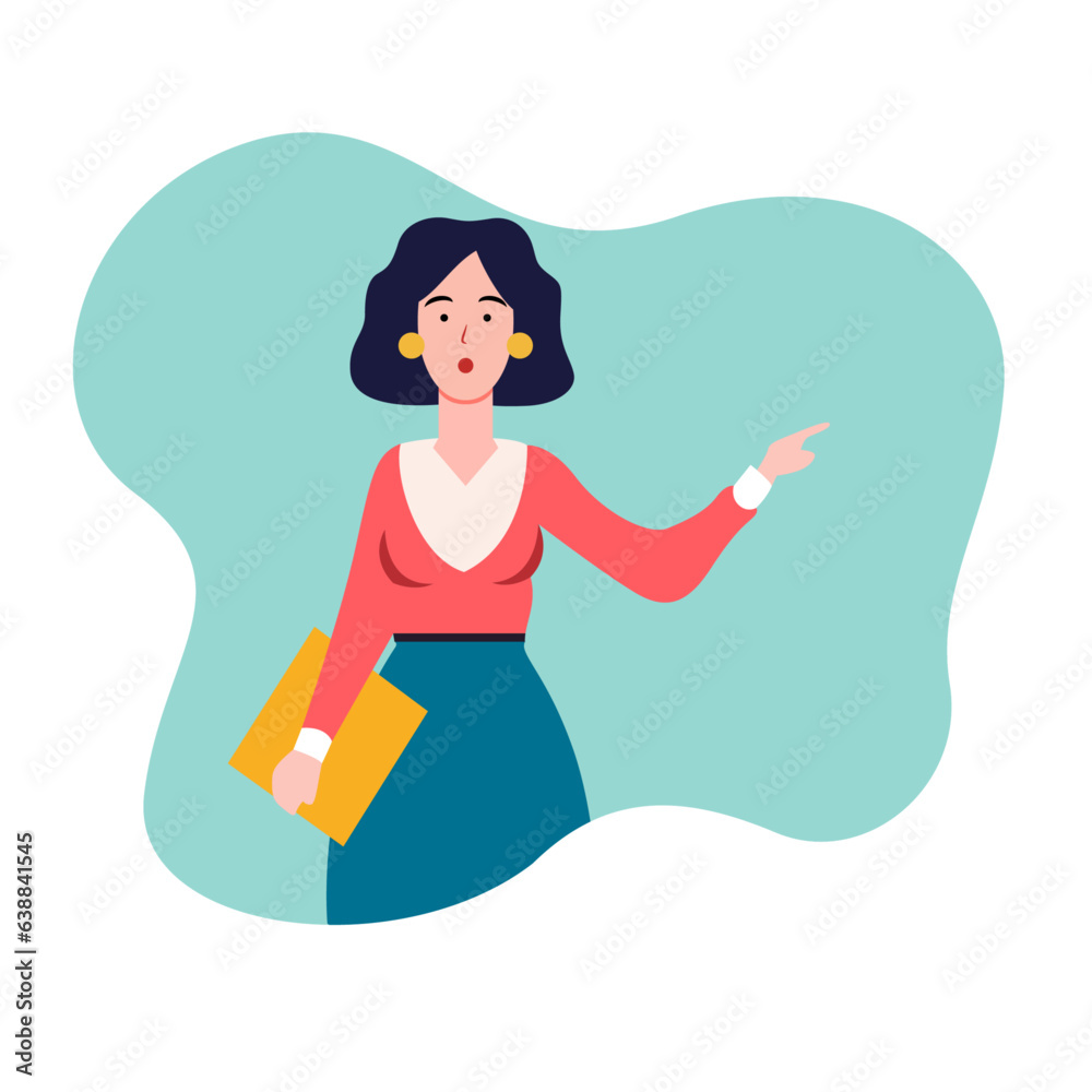 Female school teacher holding a file folder and pointing a finger flat style vector illustration, Lady school teacher wearing a red top and blue bottom flat style stock vector image Female school teacher holding a file folder and pointing a finger flat style vector illustration, Lady school teacher wearing a red top and blue bottom flat style stock vector image