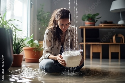 woman collecting water leaking and dripping from the ceiling