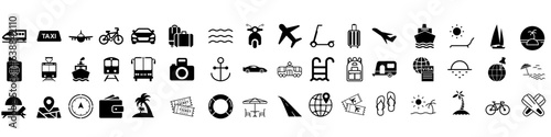 Travel vector icon set. tourism transportation illustration sign collection. Contains icons as airplane, booking, last minute deals, ecotourism, cultural tourism and more.