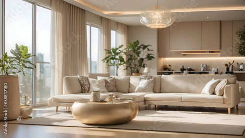 Beije modern living room with furniture  sofa  plant  window