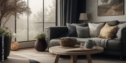 Grey modern living room with furniture, sofa, plant, window
