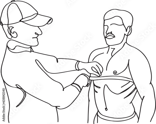 one line sketch drawing cartoon clip art of Measuring the chest of a new Indian candidate for the military or police force using an inch tape as part of the selection process