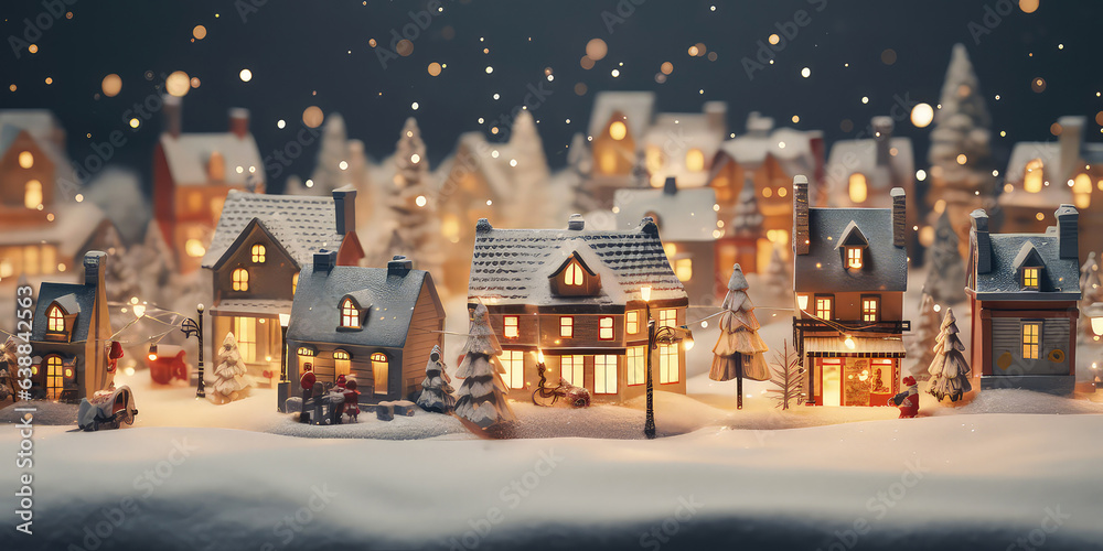 Christmas miniature scene of cozy town with festive buildings, lights,bokeh,toys decorations. Isometric view. New year, Xmas background.Winter magical card. Wanderland. Holidays template.Generative ai