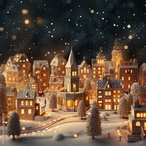 Christmas miniature scene of cozy town with festive buildings, lights,bokeh,toys decorations. Isometric view. New year, Xmas background.Winter magical card. Wanderland. Holidays template.Generative ai