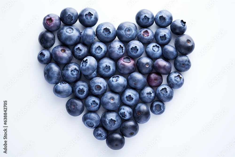 A heart made of blueberries on a white background A heart made of blueberries on a white background