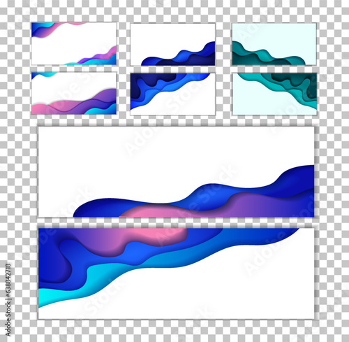 Set Banners. Background with blue abstract multilayered wavy pattern. Paper art style. Template design for posters, banners, flyers, booklets.