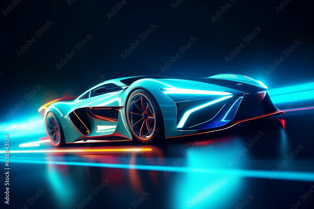 Futuristic car in neon highway. Generative AI Futuristic car in neon highway. Generative AI