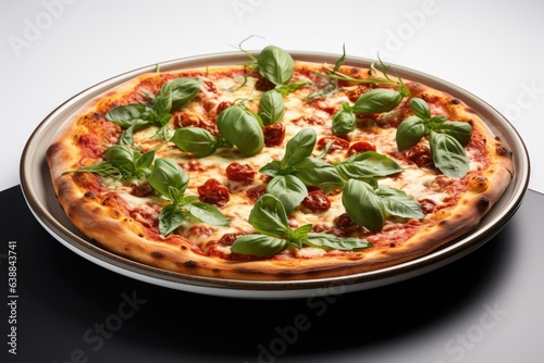 Fresh delicious pizza with basil leaves on plate on table