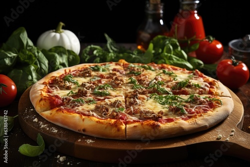 Delicious fresh pizza on wooden pizza board on table with vegetables and spices