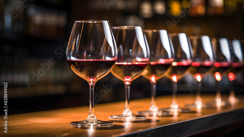 Row of glasses with red wine prepared for degustation on wooden table.