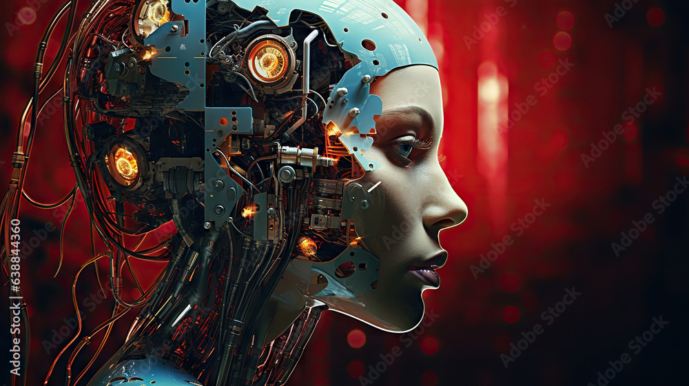 The young humanoid female head is connected to a super computer, symbolizing artificial intelligence. Futuristic illustration of the relationship between humans and neural networks. Copy space The young humanoid female head is connected to a super computer, symbolizing artificial intelligence. Futuristic illustration of the relationship between humans and neural networks. Copy space