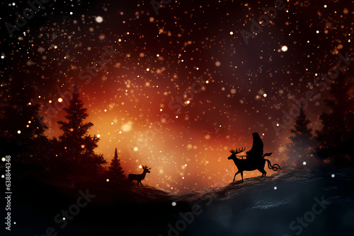 Santa Claus with reindeer sleigh against snowy landscape with fir trees AI Generative © Thararat