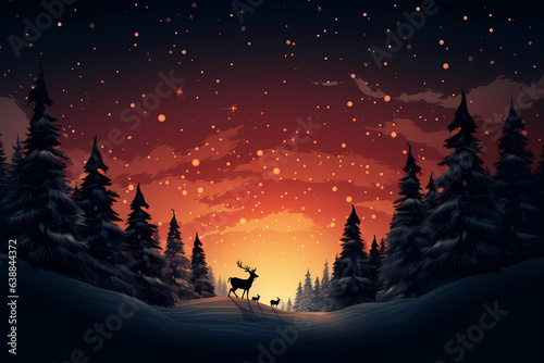 Santa Claus with reindeer sleigh against snowy landscape with fir trees AI Generative