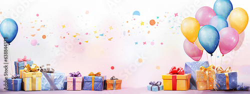 Gift boxes with balloons and confetti on white background. selective focus.  photo