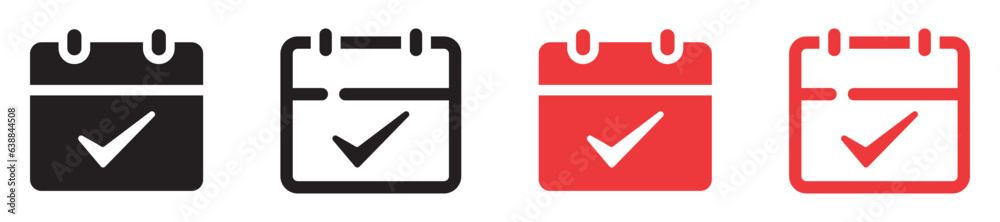 Set of calendar checked icons. Calendar with check mark. Schedule, upcoming event, management and time. Event schedule sign, save the date. Day, month, date, time event organizer symbol. Vector. Set of calendar checked icons. Calendar with check mark. Schedule, upcoming event, management and time. Event schedule sign, save the date. Day, month, date, time event organizer symbol. Vector.