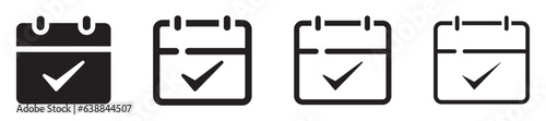 Set of calendar checked icons. Calendar with check mark. Schedule, upcoming event, management and time. Event schedule sign, save the date. Day, month, date, time event organizer symbol. Vector.