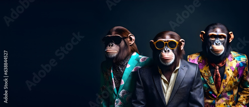 Creative animal concept. Ape in a group, vibrant bright fashionable outfits isolated on solid background advertisement, copy text space. birthday party invite invitation banner  