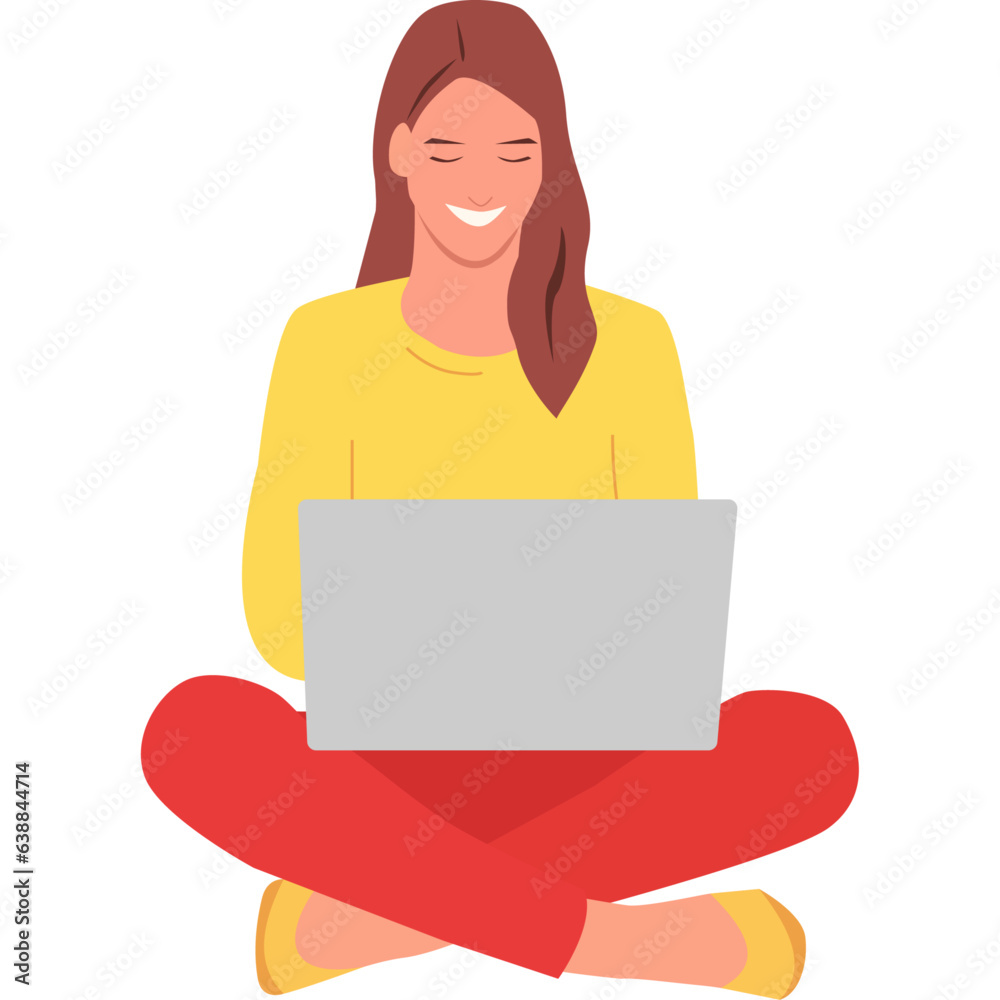 Young woman sitting with laptop. Working on computer. Freelancer. Online education. Transparent background. Vector illustration