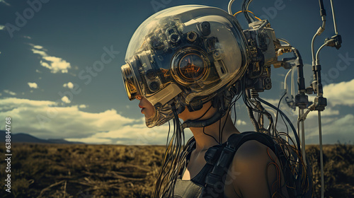 The young humanoid female head is connected to a super computer, symbolizing artificial intelligence. Futuristic illustration of the relationship between humans and neural networks. Copy space © Yeti Studio