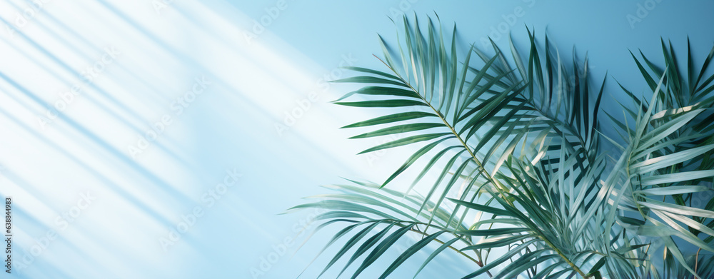 palm leaves on the background of a blue wall illuminated by the rays of the sun, legal AI