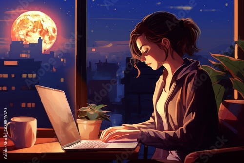 Night time productivity businesswoman sitting. Generate Ai