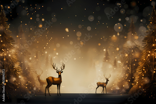 Christmas background with deer and snowflakes. Golden backdrop AI Generative