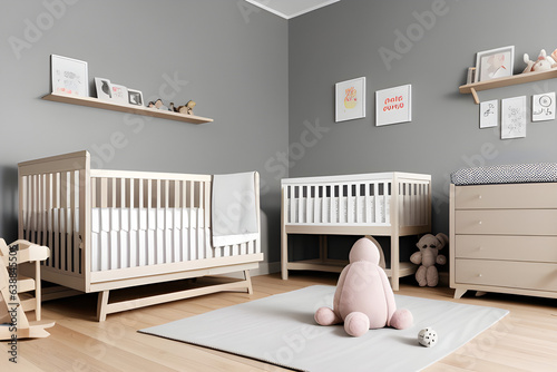 Baby bed standing between low cupboard and chair, lamp and bench in nursery interior with wooden floor and gray wall with moldings